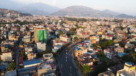 Aerial-View-Of-The-Crowded-City-Of-Pokhara-In-Nepal---Drone-Shot