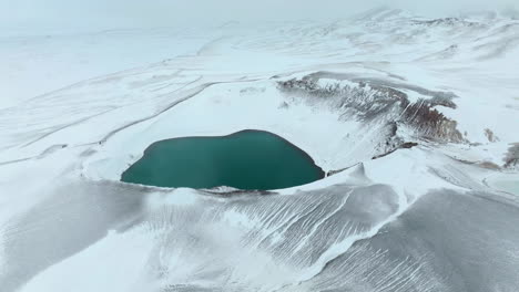 Lago-Caldera-Volcánica-De-Krafla-Durante-El-Invierno-En-Islandia---Toma-Aérea