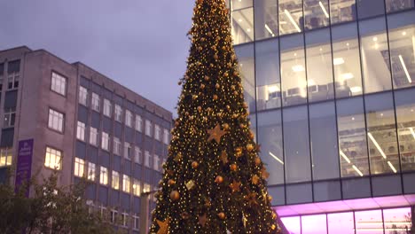 Von-Oben-Nach-Unten-Filmische-Nahaufnahme-Eines-Riesigen-Geschmückten-Weihnachtsbaums,-Der-Von-Einem-Holzzaun-Umgeben-Ist,-Auf-Einer-Straße-Am-Abend-In-Manchester,-England