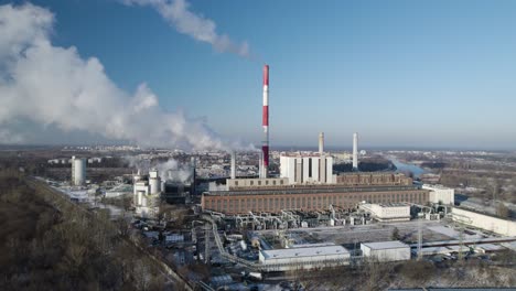 Aerial-Drone-Sky-Landscape-of-Thermal-Power-Station-Smoking-White-Fumes,-Factory