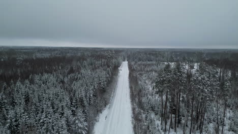 Aerial-view-of-snow-covered-road-though-frozen-coniferous-winter-forest