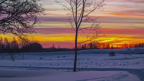 Atemberaubender-Winterzeitraffer-Von-Schneefeldern,-Die-Bei-Leuchtend-Orangefarbenem-Sonnenuntergang-Leuchten