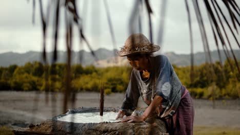 Anciana-Asiática-Trabajando-Y-Cultivando-En-La-Pobreza-En-El-Campo-Rural
