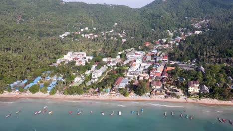 Aerial-High-View-Of-Buildings-Near-Sairee-Beach-On-Ko-Tao-Island,-Thailand