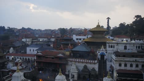 Panning-shot-showing-city-in-Nepal-with-temple-area-during-cloudy-day