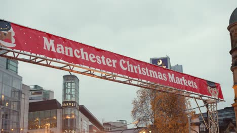 Parallax-shot-of-a-red-coloured-"Manchester-Christmas-Markets"-sign-board-on-a-cloudy-evening-in-December-in-England