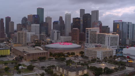 Establishing-aerial-view-of-downtown-Houston,-Texas
