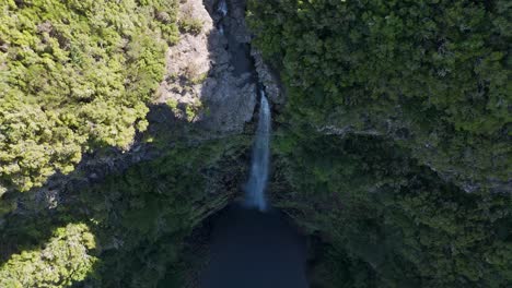Hidden-waterfall-in-Madeira-forest,-drone-reveal-shot-from-above