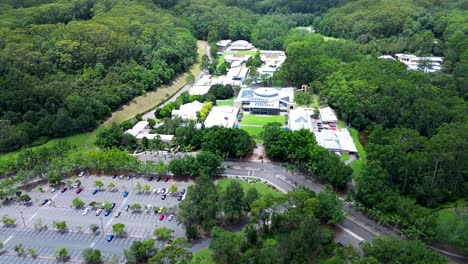 Drone-aerial-over-Ourimbah-University-cars-in-carpark-campus-location-front-entry-education-Central-Coast-Australia