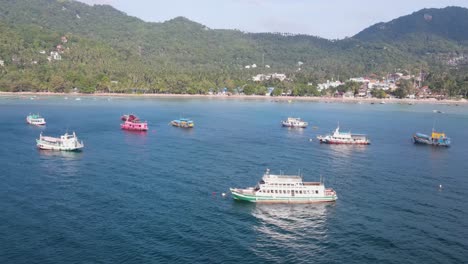 Aerial-View-Over-Moored-Boats-In-Gulf-Of-Thailand-Near-Sairee-Beach