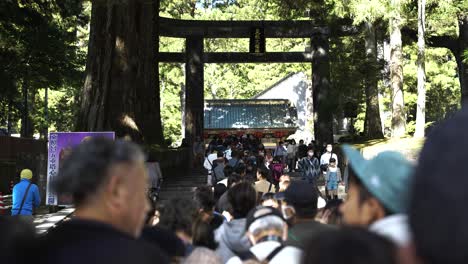 A-lengthy-line-of-visitors-at-Nikko-Tosho-gu-in-Ishidorii,-Japan,-explores-the-historical-and-cultural-heritage-with-a-stone-torii-marking-the-entrance-path