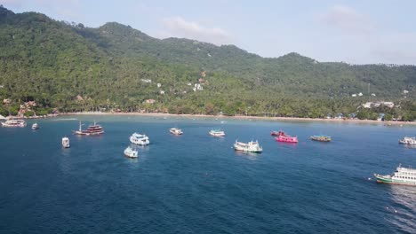 Aerial-View-Over-Moored-Boats-In-Gulf-Of-Thailand-Near-Sairee-Beach