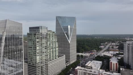 Cinematic-drone-view-of-Atlanta-city-glass-skyscrapers-facade,-Georgia,-USA