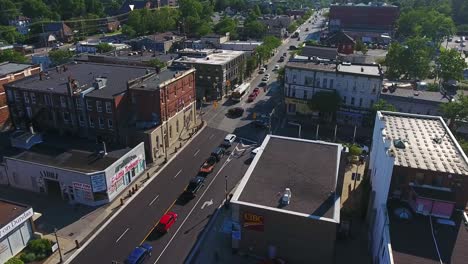 Whitby-Aerial-Drone-Shot-Over-Town-Center-with-Buildings-and-Roads,-Low-Angle,-Canada