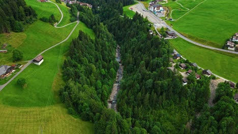 Aerial-view-of-a-village-in-the-Swiss-Alps-covered-in-lush-green-landscape-and-tall-pine-trees,-alongside-a-road-lined-with-homes