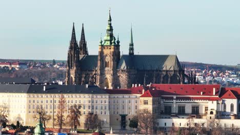 Aerial-close-up-view-of-majestic-cathedral-and-palace,-Prague-castle-complex