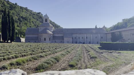 Historical-monastery-complex-in-France-with-a-lavender-field-in-the-foreground