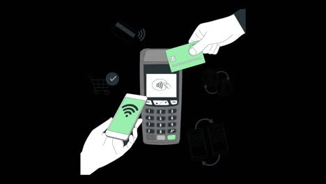Animation-Von-Online-Zahlungsmethoden,-Verwendung-Einer-Kreditkarte-Und-Eines-Mobiltelefons-Zur-Herstellung-Kontaktloser-Zahlungsterminals-Mit-RFID-Technologie