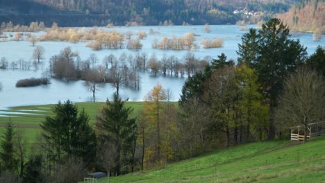 Vista-Panorámica-De-Un-Campo-Planina-Inundado-Con-El-Pueblo-Cercano,-Eslovenia