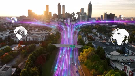 Animated-glowing-fiber-optic-streams-over-highway-showing-global-internet-connectivity-in-USA-city-during-sunset