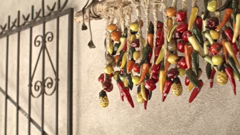 Hanging-chili-peppers-in-downtown-Santa-Fe,-New-Mexico-with-pan-to-street