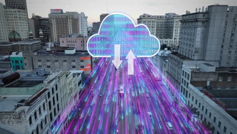 Animation-Von-Durchscheinenden-Wolkengrafiken-Und-Binärcode-Mit-Hochgeschwindigkeits-Datenstreaming-In-Die-Online-Infrastruktur