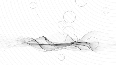 Animation-of-black-lines-graphic-on-white-background-of-warping-waves-dots-in-motion-and-concentric-rings
