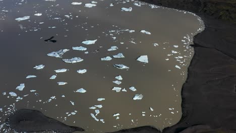 Aerial-view-of-ice-floes-from-Vatnajökull-glacier-drifting-in-a-lagoon-against-the-black-sands-of-Iceland's-shores