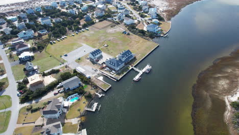 Wide-drone-shot-of-the-coast-guard-station-on-Emerald-Isle
