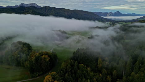 Vista-Del-Bosque-Brumoso-Al-Amanecer-Con-Imágenes-De-Drones-Como-Telón-De-Fondo-De-Montaña-Cerca-De