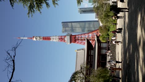 Besucher,-Die-Auf-Dem-Gelände-Neben-Dem-Zojoji-Tempel-Mit-Blick-Auf-Den-Tokyo-Tower-Und-Die-Azabudai-Hügel-Vor-Blauem-Himmel-Spazieren