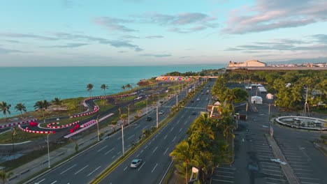 Go-kart-track-on-Malecón-waterfront-promenade-in-Santo-Domingo,-Dominican-Republic