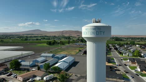 Aerial-shot-of-Benton-City's-water-tower-with-storage-units-sitting-underneath