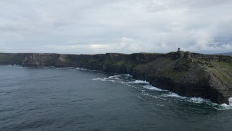 Aerial-establishing-shot-of-the-beautiful-Cliffs-of-Moher-on-a-cloudy-day