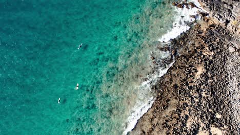 Rocky-Beach-With-Surfers-In-Noosa,-Queensland,-Australia---Aerial-Top-Down
