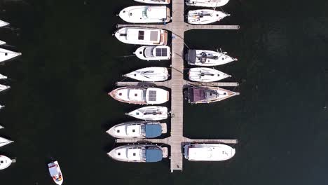 Docked-modern-yachts-in-small-local-pier,-aerial-top-down-view