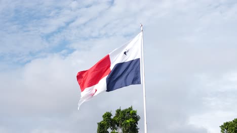 The-national-flag-of-Panama-gently-waving-the-wind-against-a-backdrop-of-a-cloud-strewn-sky