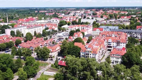 Small-Masuria-town-of-Gizycko,-great-vacation-spot,-aerial-drone-view