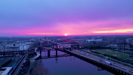 Purple-Sunset-Over-Pennsylvania,-Aerial-Panorama