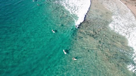 Vista-Aérea-De-Surfistas-En-La-Playa-Turquesa-Con-Olas-Espumosas-En-Noosa-En-Queensland,-Australia