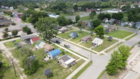 Aerial-sideways-shot-of-Cass-community-tiny-homes-project-for-people-in-need,-prisoners-and-homeless-people