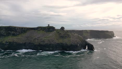 Aerial-orbiting-shot-of-a-tourist-viewpoint-at-the-Cliffs-of-Moher