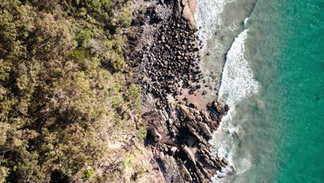 Bird's-Eye-View-Of-Rocky-Beach-In-Noosa-Shire,-Queensland,-Australia---Drone-Shot