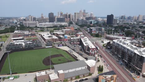 Aerial-orbit-drone-shot-from-the-Corner-Ballpark,-former-Tiger-Stadium-in-Detroit-Michigan,-Corktown