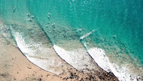 Surfers-Floating-In-The-Ocean-In-Noosa-Shire,-Queensland,-Australia---Aerial-Top-Down