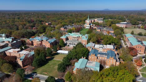 Wide-aerial-establishing-shot-of-Wake-Forest-University-campus-in-autumn