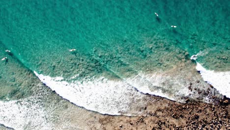 Bird's-Eye-View-Of-Seascape-With-Surfers-In-Noosa,-Queensland,-Australia---Drone-Shot