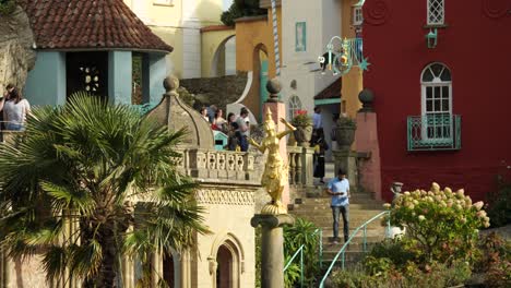 Tourists-In-Portmeirion,-An-Italian-Style-Tourist-Village-On-The-Coast-Of-North-Wales