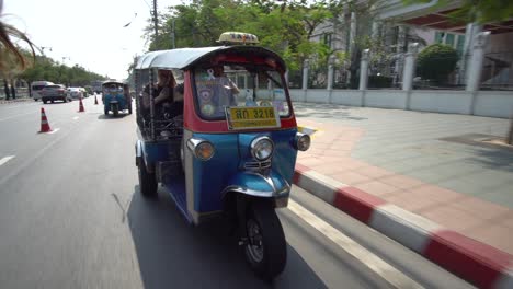 Tuk-Tuk-Rickshaw-on-Streets-of-Bangkok,-Thailand,-Authentic-Thai-Transportation,-Close-Up