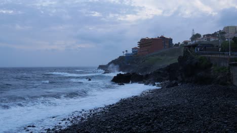 Waves-Crashing-On-The-Coast-Of-Canico-At-Dusk,-Madeira-Island
